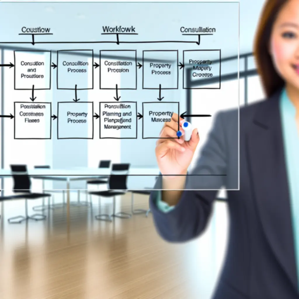 Service workflow mapped out on a whiteboard showing each step from consultation to ongoing operations
