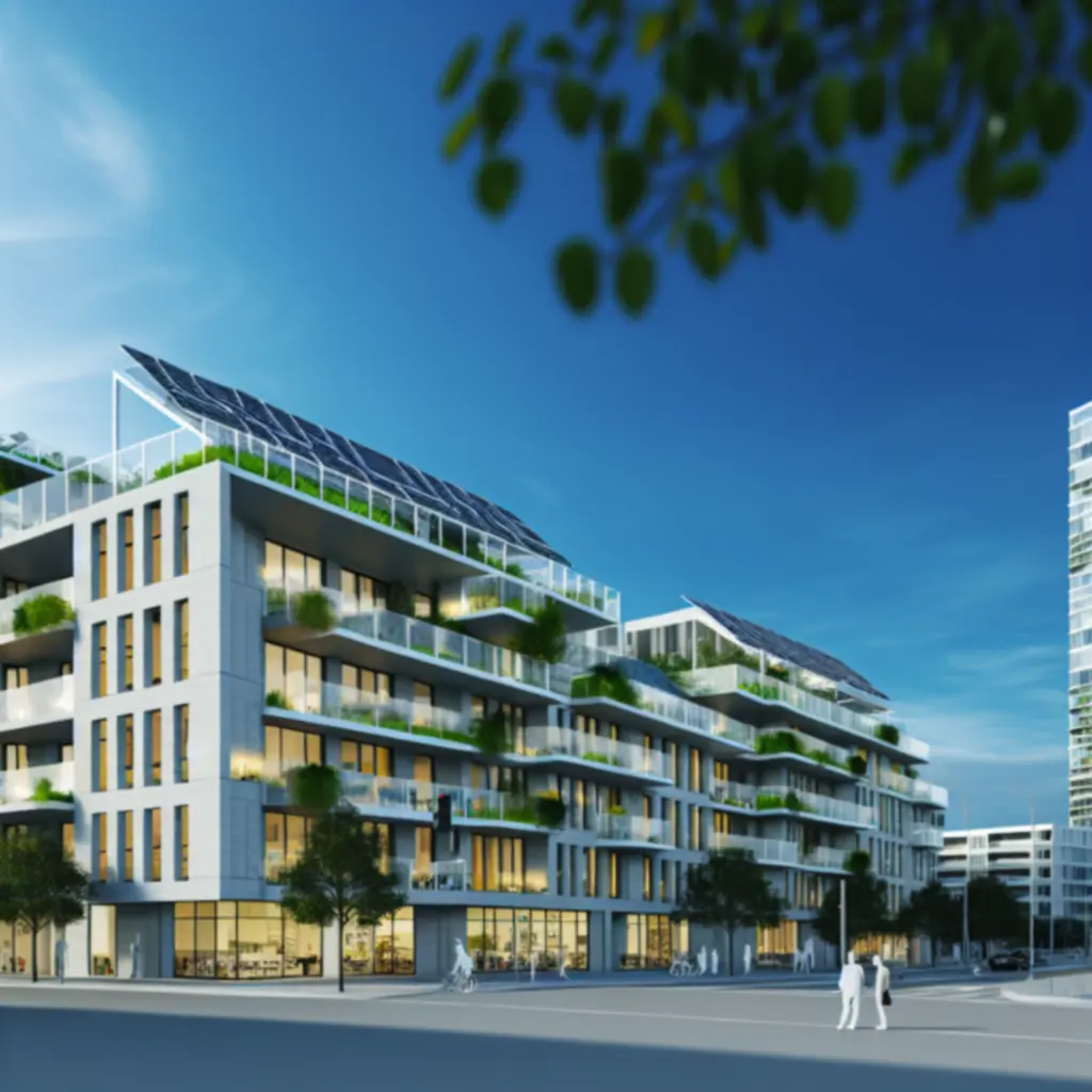 Illustration of a sustainable property with greenery and efficient building envelope